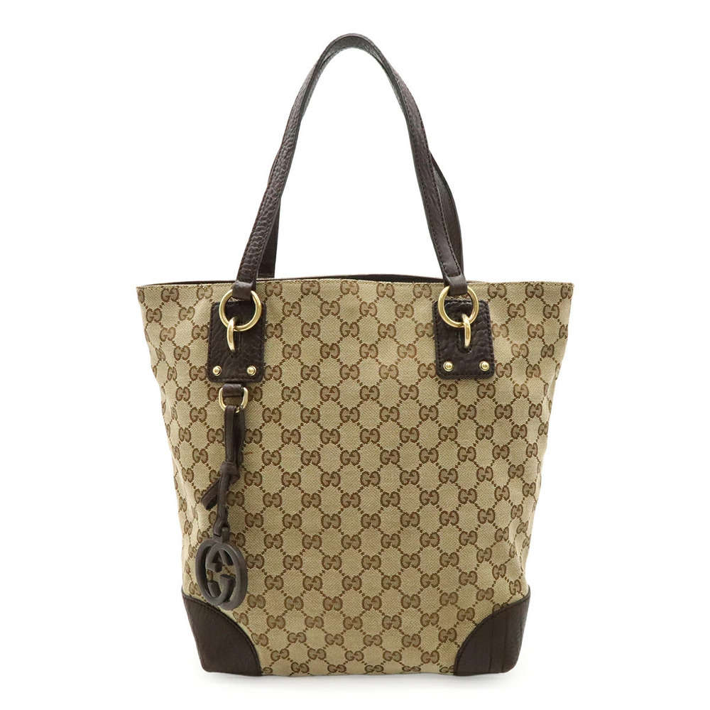 Gucci GG Canvas Tote Bag Shoulder Leather Beige Brown Cream
